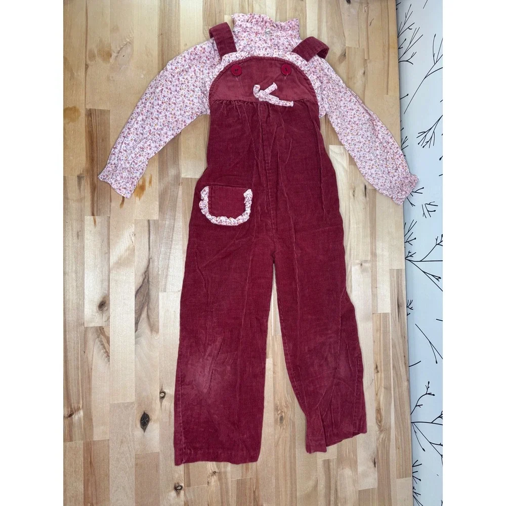 Vintage Doe Spun Girls 4‎ Corduroy Overalls Floral Blouse Set Burgundy Pink USA